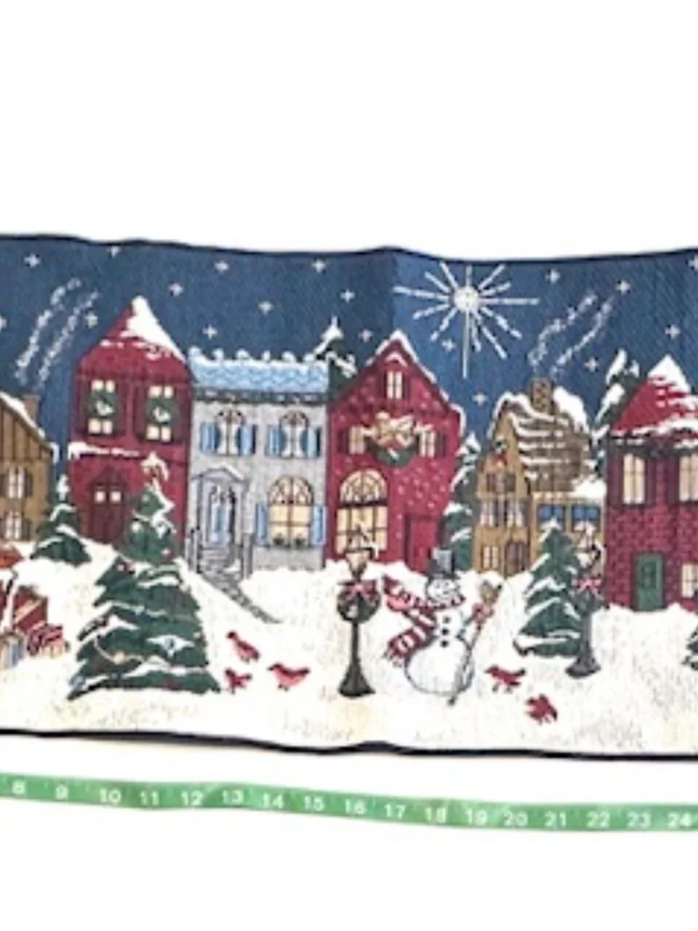 VTG Christmas Table Runner Tapestry Fringe Snowman Winter Village 31